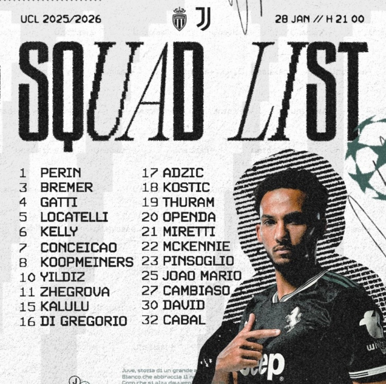 世界杯高清直播平台-尤文vs摩纳哥欧冠名单：伊尔迪兹领衔，戴维、布雷默、孔塞桑在列